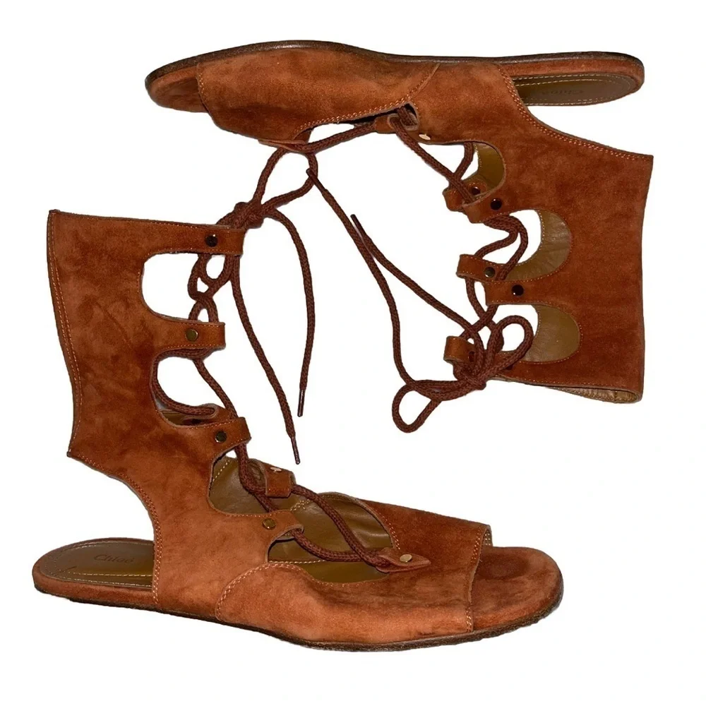 Chloé Rust Orange Sandals Suede Gladiator Lace Up Flat 7.5 Casual Summer Resort